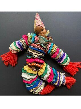 1970s Rubber Face Dolly Yo-Yo Patchwork Pixie Elf Handmade